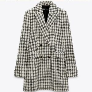 Zara Women's White And Black Double Breasted Tailored Coat. Size M